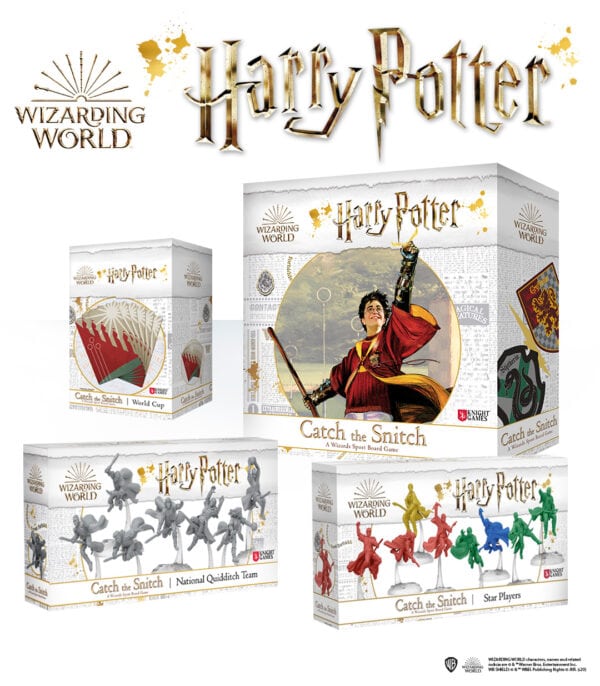 A promotional image for the "Harry Potter: Catch the Snitch" board game highlights Quidditch-themed artistry and figurines across five boxes, featuring national teams and star players. The Wizarding World logo graces the top, perfectly capturing the magical essence of this enchanting board game.