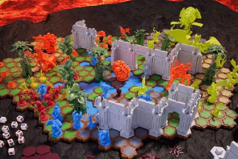 The Heroscape board game layout showcases 3D terrain tiles with diverse landscapes like water, grass, and lava. Vibrant plastic figures depict warriors and creatures in this Hasbro fantasy-themed setting. Dice and game tokens are ready for action nearby.