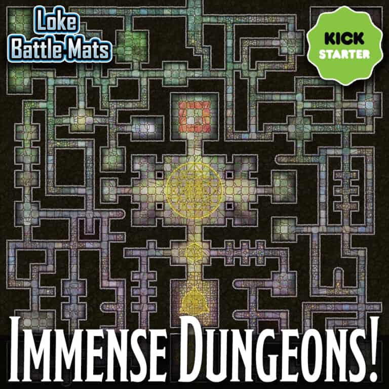 An intricate digital dungeon map is displayed, showcasing a complex maze with rooms and pathways. The text reads "Loke Battle-Mats" and "Immense Dungeons!"—a treasure trove for game masters—alongside a Kickstarter logo in the top right corner.