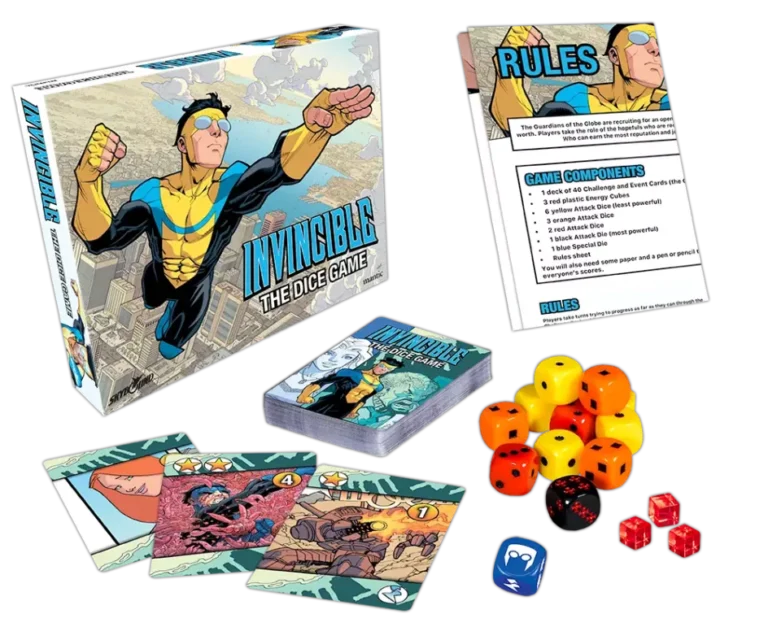 Board game set for "Invincible: The Dice Game" by Skybound Entertainment with illustrated box cover, rulebook, cards, multi-colored dice, and tokens displayed. The artwork features a superhero in flight.