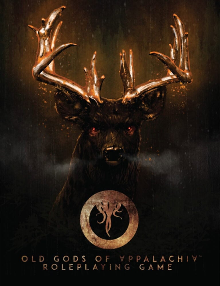 A dark, atmospheric image of a deer with glowing red eyes and large antlers, enveloped in a mysterious aura. Below, the text reads "Old Gods of Appalachia Roleplaying Game," evoking the deep mystique of an August twilight, with a stylized symbol at its core.