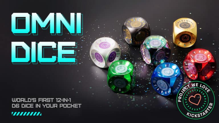 Image of multiple colorful dice with different symbols on a black surface. Text reads "Omni Dice: Snippets of Fun in Your Pocket" and "World's First 12-in-1 D6 Dice." A badge with "Project We Love Kickstarter" is also visible, perfect for your midweek gaming sessions.
