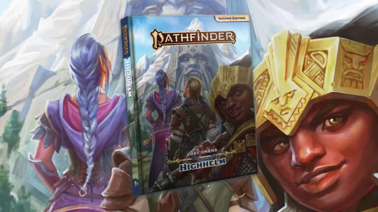 The cover of "Pathfinder Lost Omens: Highhelm" by Paizo presents a fantasy-themed illustration. It depicts adventurers, including one with braided blue hair, journeying towards a mountainous landscape adorned with a stone face carving.