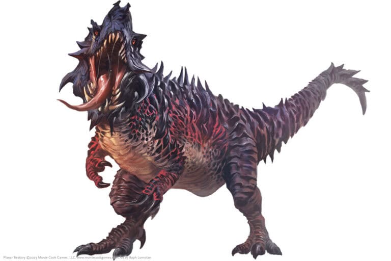 A fierce, dragon-like creature with sharp spikes and scales, its mouth open wide revealing sharp teeth. Featured in Monte Cook Games' Creature Index, it boasts a muscular build, mottled dark skin with red undertones, and a long spiky tail against a plain white background.