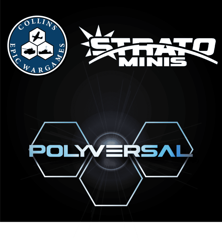 Logo for Polyversal Battlegroups, a tabletop game, featuring hexagonal shapes and text. Includes logos for Collins Epic Wargames and Strato Minis Studio. Dark background with a lens flare effect.