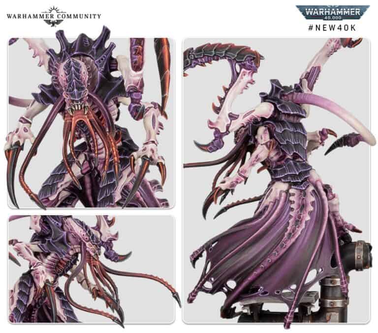 A multi-image collage of a Tyranid Deathleaper model from Warhammer 40K captivates the eye. The top left showcases its insectoid head with large mandibles, the bottom left highlights sharp claws, and the right reveals a dynamic view of its sculpted back and tail, perfect for Instagram followers to admire.