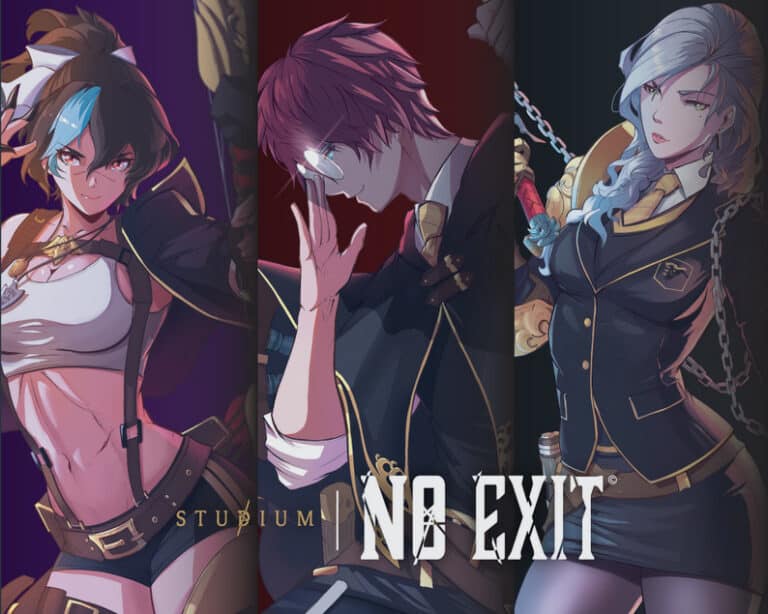 Three anime-style characters stand against a dark background, evoking a gothic horror fantasy. The first character has short hair, the second adjusts their glasses with precision, and the third has long hair entwined with chains. Bold text declares "No Exit" at the bottom.