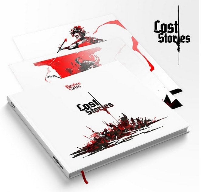 A promotional image of a book titled "Lost Stories" with an abstract design featuring red and black illustrations reminiscent of Broken Tales. A slightly open book in the background displays similar stylistic graphics, inviting readers into its dark RPG-inspired world.