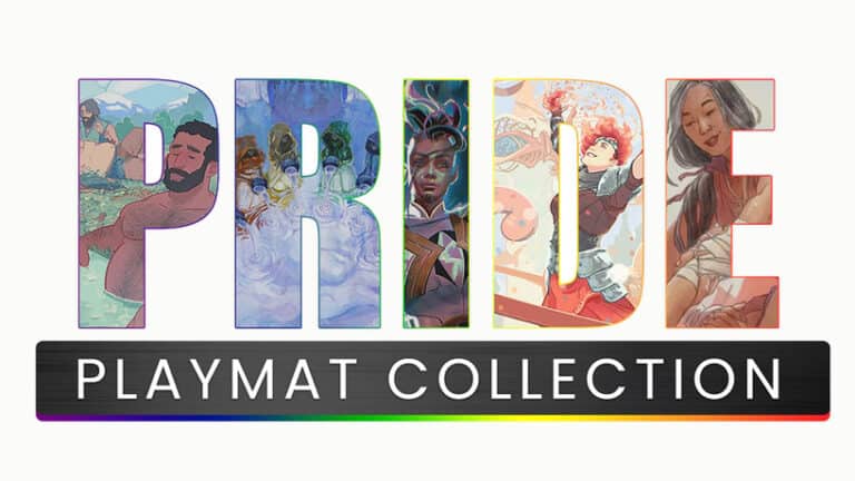 Text reading "PRIDE" with vibrant Magic Art adorning each letter, and "Pride Playmat Collection" written below on a black bar with a rainbow border. Additionally, proceeds support The Trevor Project.