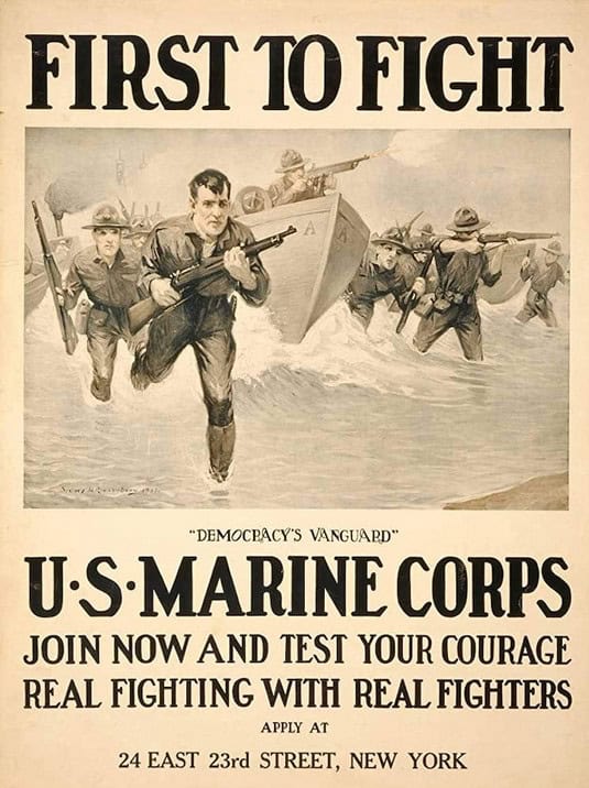 A vintage U.S. Marine Corps recruitment poster illustrates marines landing on a beach with rifles during the Guadalcanal Campaign. The text reads "First to Fight" and encourages joining at 24 East 23rd Street, New York. The tagline proudly states "Democracy's Vanguard.
