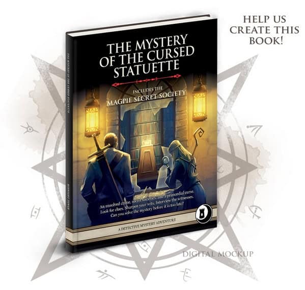 A book titled "The Mystery of the Cursed Statuette" features a detective scene with two figures entering a mysterious building. A compass design is in the background. The text reads: "Join our Kickstarter campaign to help us create this thrilling detective mystery adventure.