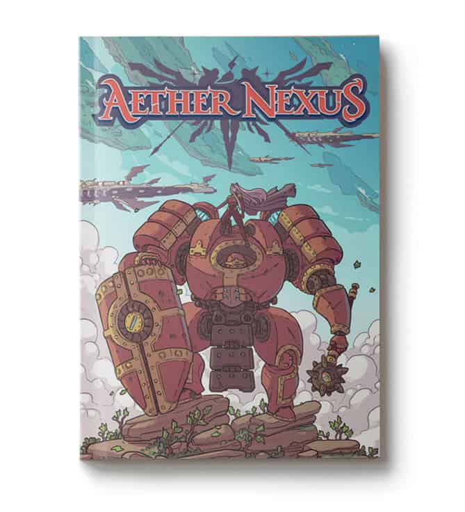 The cover of "Aether Nexus" brilliantly combines high-fantasy mecha elements, with a formidable armored mech brandishing a shield and mace. Set against a cloudy sky, the scene hints at thrilling TTRPG Kickstarter adventures awaiting in its futuristic structure.