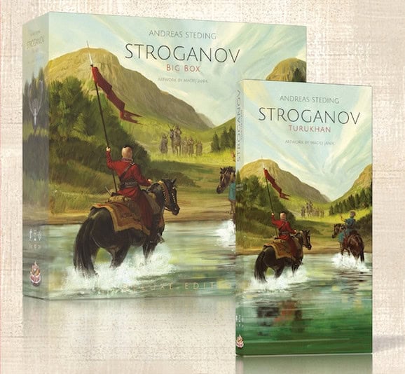 Box art for the board game "Stroganov" by Andreas Steding showcases horsemen crossing a river in the Siberian Wilderness. The "Big Box" and "Turukhan Expansion" editions stand side by side, highlighting their rich landscapes.