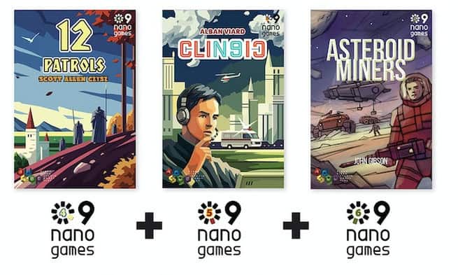 Three sci-fi themed card game boxes are displayed: "12 Patrols," featuring a cityscape and flying craft; "Clini9," showing a person in headphones with vehicles; "Asteroid Miners," with a person in a space suit. Each proudly showcases the "Nano9Games" logo, gearing up excitement for Kickstarter's Wave 2.