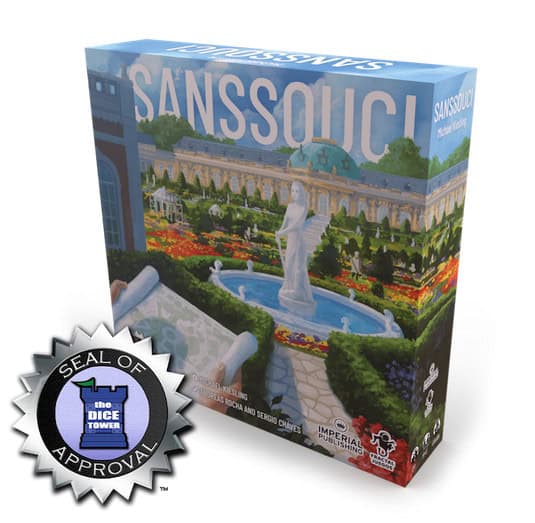 The box cover of the Kickstarter board game "Sanssouci" showcases a serene garden scene with a fountain and statue. A prominent "Seal of Approval" emblem from The Dice Tower graces the lower left corner, signaling quality gameplay.