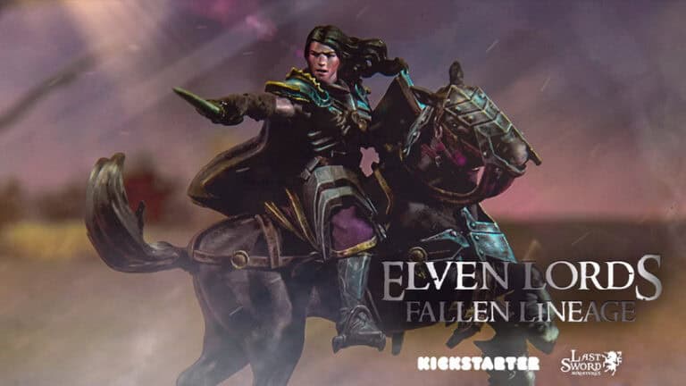 Amidst a stormy backdrop, a fantasy character in armor rides a dark horse, embodying the essence of Dark Elves. The text "Elven Lords: The Fallen Lineage" is prominently displayed alongside logos for Kickstarter and Last Sword Miniatures. The scene is dynamic and atmospheric.