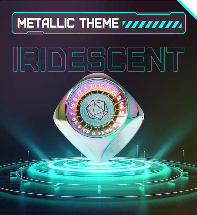 A futuristic display features a 3D metallic die, known as the Omni Dice, with colorful numbers and a geometric design at its center. The words "Metallic Theme" and "Iridescent" float above, as this unique dice hovers over a glowing circular platform on a dark background.