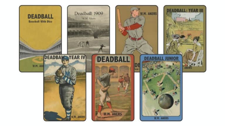 A collection of seven Deadball game cards by W.M. Akers, steeped in baseball history and featuring vintage imagery. Each card showcases different scenes, like players in action, stadiums, and historical settings. The titles include Deadball and Deadball Junior, first launched on Kickstarter.