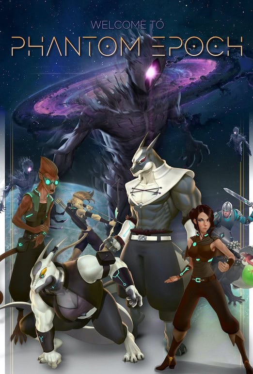 A sci-fi themed poster showcases humanoid characters in futuristic designs and costumes, set against a giant cosmic entity looming over a swirling galaxy. The title "Welcome to Phantom Epoch" crowns the scene, hinting at its Kickstarter origins for an epic sci-fi dungeon crawler adventure.