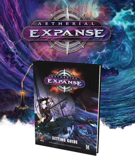 The book cover titled "Aetherial Expanse: Setting Guide" captures a swashbuckling adventure on a mystical, stormy sea with a ship. Above, the title logo stands out against a vibrant cosmic backdrop, as a lighthouse gleams amidst the swirling sky—a true D&D 5E masterpiece.