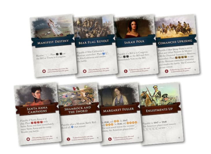 This Kickstarter game collection features seven illustrated historical playing cards. Each card includes text and images related to events like Manifest Destiny, the Mexican-American War, and figures such as Sarah Polk and Margaret Fuller, capturing pivotal moments of history.