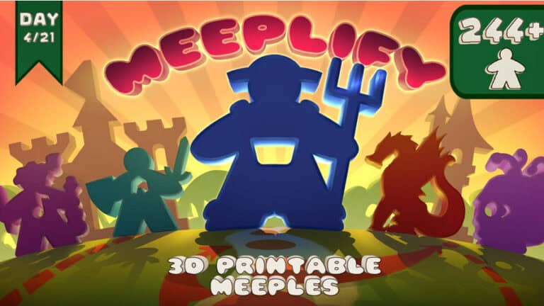 Illustration of "Meeplify" captures the essence of board games with a large, blue silhouetted figurine holding a trident amidst various shapes. Set against a warm, radiant background, the text reads "Day 4/21" and highlights "244+ 3D Printable Meeples.