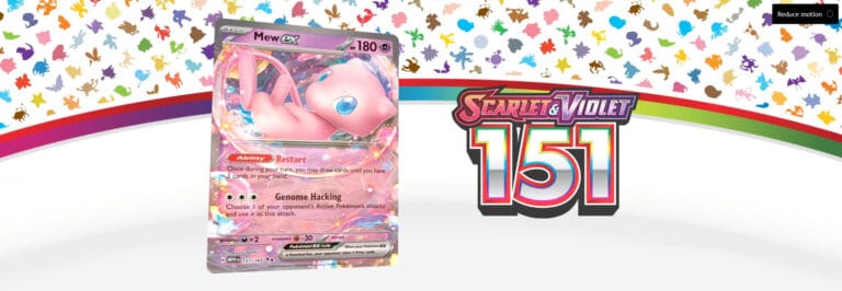 This Pokémon TCG card highlights Mew ex against a vibrant backdrop adorned with various Pokémon silhouettes. "Scarlet & Violet 151" is elegantly featured on the right side, adding to its collector's charm.