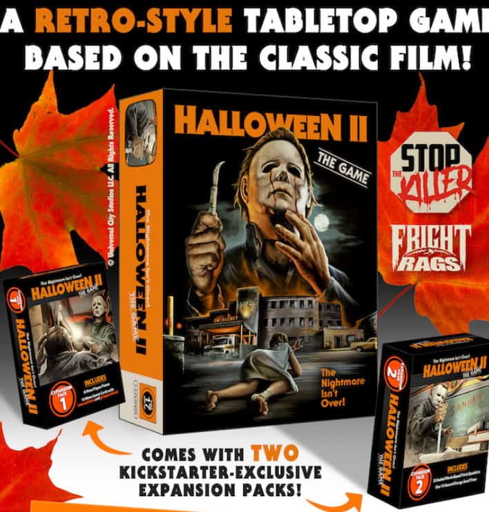 Experience the chilling nostalgia of Halloween II: The Game, a retro horror tabletop adventure. Dive into classic scares with two Kickstarter-exclusive expansion packs, nestled among autumn leaves and eerie promotional imagery.