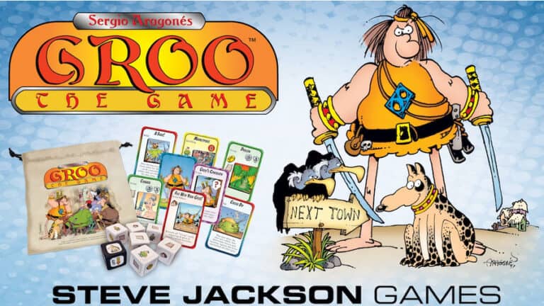 Illustration of "Groo: The Game" by Steve Jackson Games. This Kickstarter project features a cartoon character with a sword and dog, alongside game cards, dice, and a drawstring bag. The background humorously includes a sign reading "Next Town." Help them reach their funding goal!
