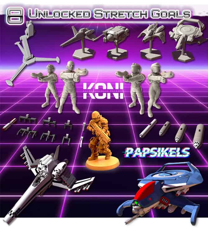 A digital collage showcases 3D-printables with miniature soldiers, starfighters, and vehicles on a grid background. Titled "Unlocked Stretch Goals," it prominently features the logos "KONI" and "PAPSIKELS" amid the theme of Operation Maelstrom.