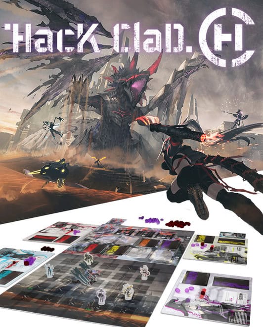 The box cover for the board game "Hack Forward" showcases an anime-inspired futuristic character alongside a giant robotic figure. The foreground displays a Kickstarter-exclusive setup, complete with cards, tokens, and miniatures on a grid board for competitive deck-building fun.