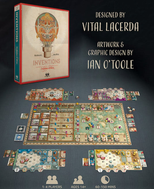 Experience the captivating world of "Inventions: Evolution of Ideas," a masterpiece by Vital Lacerda, featuring stunning artwork from Ian O'Toole. Immerse yourself in an intricate game setup of boards, cards, and pieces. Perfect for 1-4 players aged 14+, with a playtime of 60-150 minutes—a standout on Kickstarter!