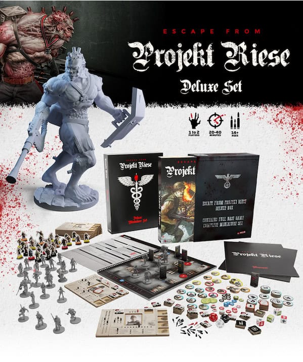 Box cover for "Escape from Projekt Riese Deluxe Set" showcases game components like a large figurine, game boards, cards, dice, tokens, and miniatures. The WWII-themed design blends dark mystery with a blood-splatter effect and hints of zombies lurking in the shadows.