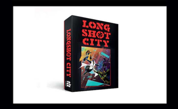 Box art for the game "Longshot City" showcases a dynamic, colorful illustration. The title blazes in bold red letters on a black background, capturing thrilling action scenes. This superhero tabletop RPG promises excitement as it races toward its Kickstarter goal.
