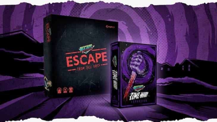 Two board game boxes titled "Escape from Tall Oaks" and "Time Warp Expansion" are set against a purple and black background, evoking the mysterious, adventurous atmosphere of Mixtape Massacre, with a silhouette of houses beneath a swirling sky.