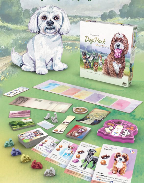 Illustration of the board game "Dog Park: New Tricks Expansion," featuring a white dog learning trick training with various game components like cards and tokens, all set against a pastoral background.