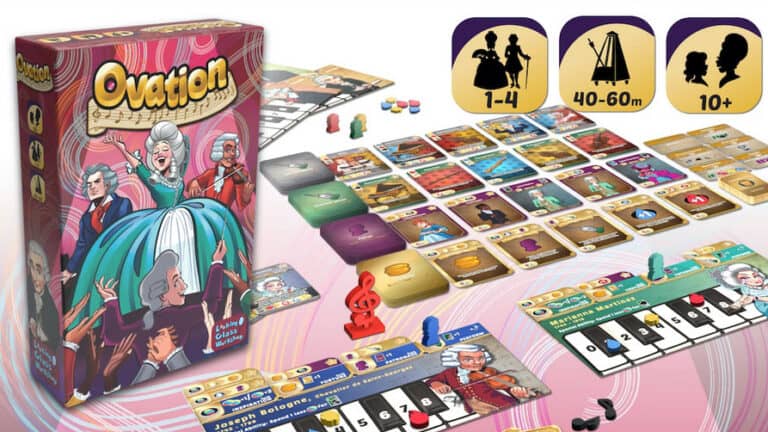 Board game "Ovation," crafted by Looking Glass Workshop, is displayed with its box, cards, and tokens. This Kickstarter success immerses you in a classical music theme with composers. Designed for 1-4 players, it offers 40-60 minutes of engaging play and suits ages 10 and up.