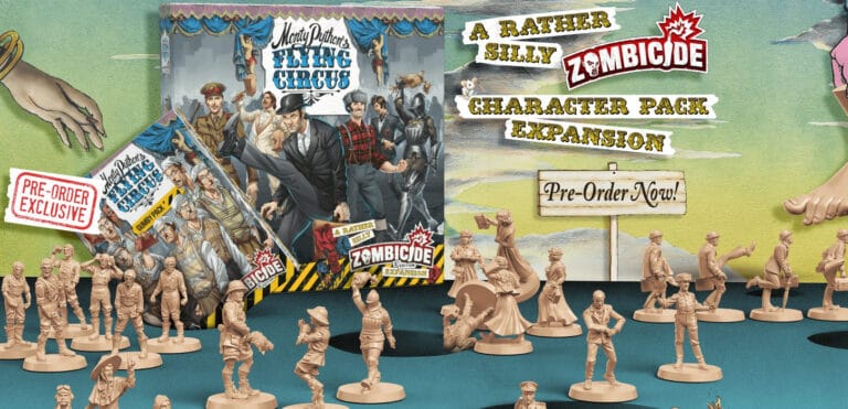 A game display showcasing the "Monty Python's Flying Circus Zombicide" expansion pack. It features character miniatures and vibrant artwork from the show. Eye-catching signs invite fans to pre-order this exclusive Zombicide expansion for a unique gaming experience.