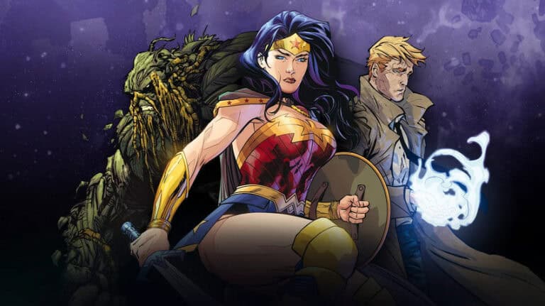 A stylized illustration of a superhero trio from Justice League Dark. A woman with dark hair in a red and gold costume holds a shield, flanked by a plant-like creature and a man in a trench coat holding a glowing orb. A celestial background enhances the scene, reminiscent of DC Deck-Building Game art.
