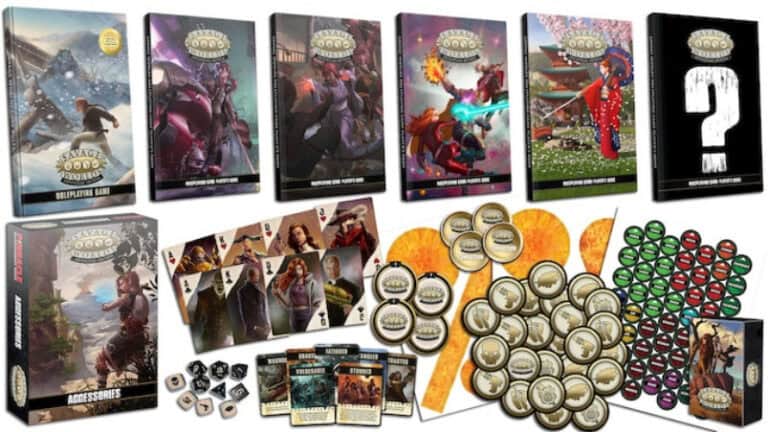 Celebrate the 20th Anniversary of Savage Worlds with this Kickstarter-exclusive collection. It includes seven beautifully illustrated books, character cards, dice, counters, and a box labeled "Accessories," perfect for enhancing your gaming experience.