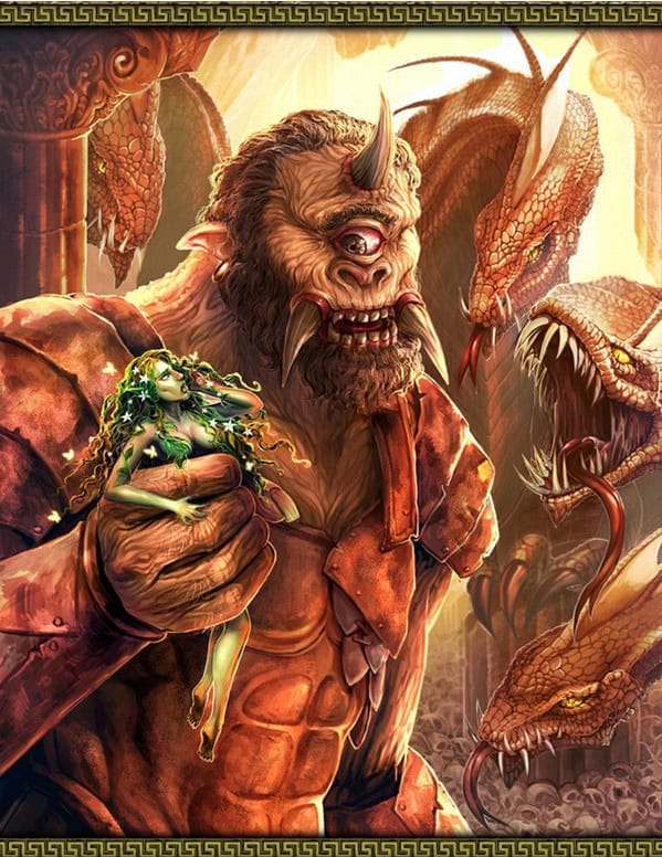 A cyclops cradles a small, enchanted woman with leafy hair, set amid large, menacing snakes and intricate architectural designs. This scene feels plucked from mythology or a DnD 5E campaign, with Mediterranean monsters adding to the mythical, fantastical atmosphere.