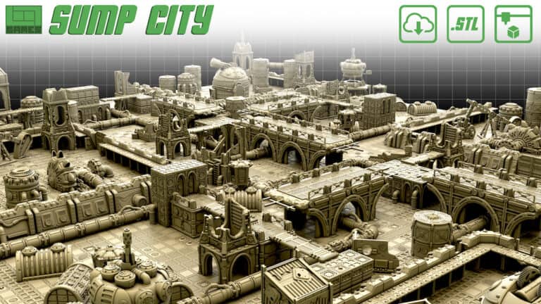 A detailed 3D rendering of a futuristic, industrial cityscape titled "Sump City." The design intricately weaves buildings, bridges, and pipes into an urban terrain. Icons indicate .stl file format compatibility for 3D printing.