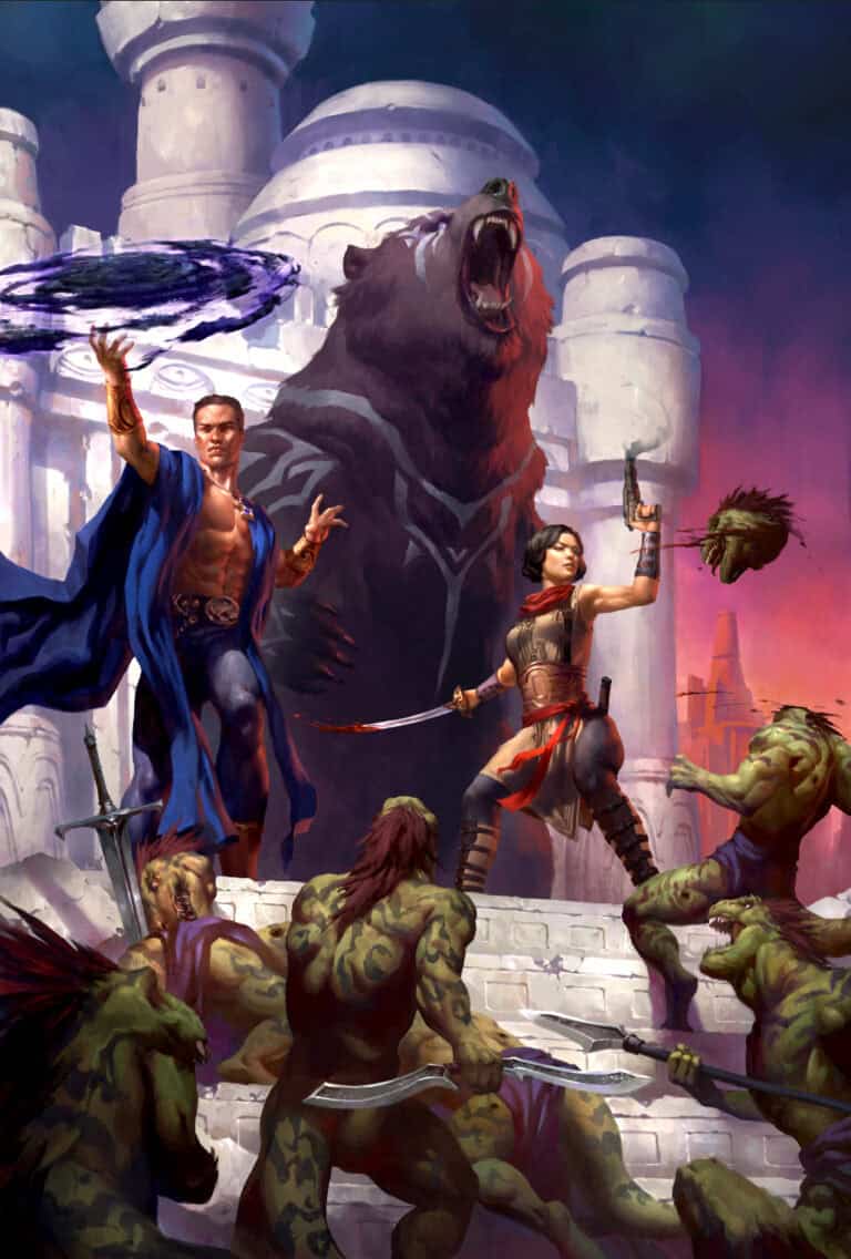In a fantasy scene, a wizard casts a spell as a warrior brandishes the legendary Swords of the Shadow Planet. A giant bear roars behind them, confronting goblins armed to the teeth. The showdown unfolds against an ancient temple under a dramatic sky.