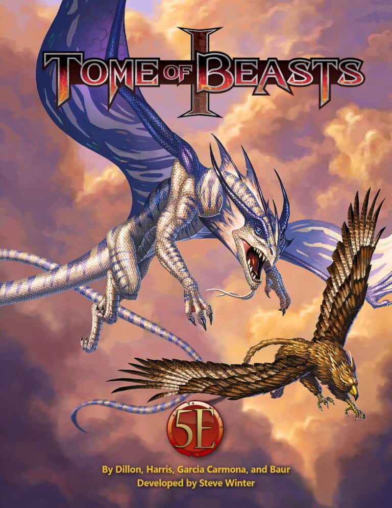 Cover of "Tome of Beasts" by Kobold Press features a large, winged dragon engaged in an epic aerial combat with a noble eagle. The dragon, in icy white and blue scales, faces off against the brown and gold eagle, set against the backdrop of a cloudy sky—it’s an exhilarating RPG experience!