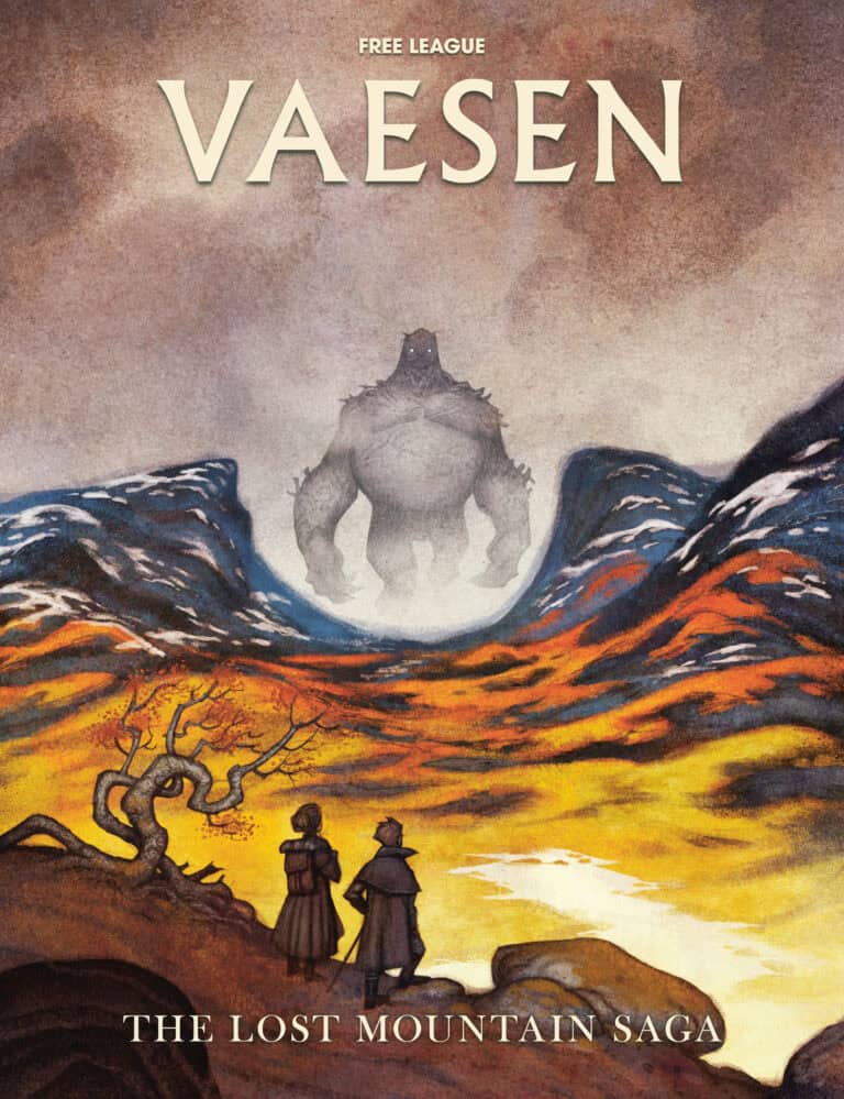 Illustration of two figures standing on a fiery landscape, facing a massive creature emerging between snow-capped mountains. Text reads "Vaesen: The Lost Mountain Saga" at the bottom, with "Free League" at the top, capturing the essence of Nordic Horror Roleplaying.