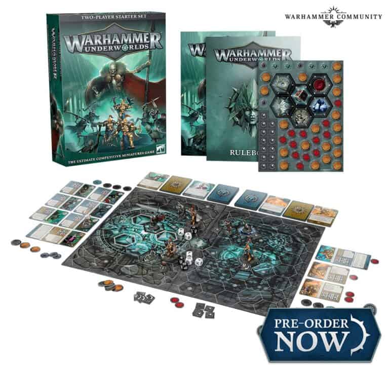 Warhammer Underworlds game set display by Games Workshop. Includes a board, Death Guard Heroes figurines, rulebooks, dice, tokens, and cards. Box artwork features warriors. Banner text at bottom right reads "Pre-order Now.