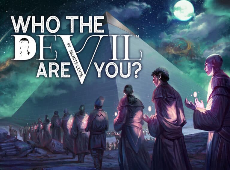 A group of hooded figures carrying candles walks toward a large, illuminated pyramid under a cloudy night sky with a full moon. The text reads, "Who the Devil Are You? A Fast-Prep RPG Experience by Monte Cook Games.