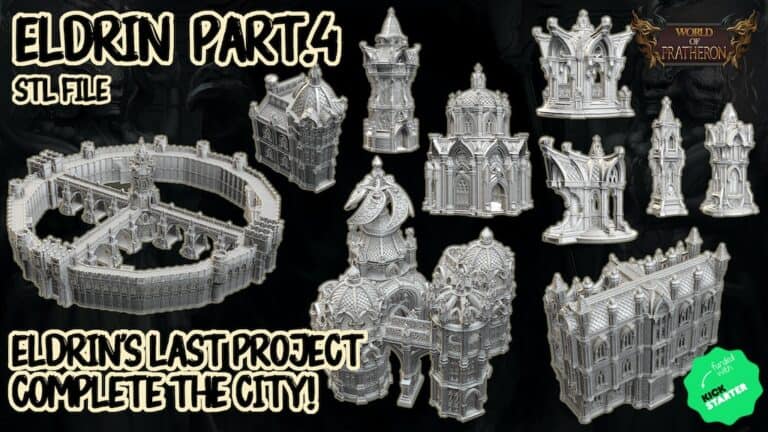 A collection of detailed 3D printable models, showcasing terrain elements like a circular fortress, intricate buildings, and decorative structures. Text: "Eldrin Part 4: Complete the City! Eldrin's Last Project." A logo and a small green badge in the corner are also visible.