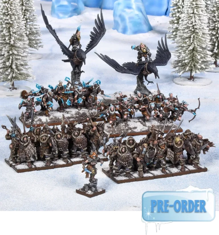 Tabletop miniatures in a snowy landscape include Northern Alliance warriors with axes and shields, some riding birds. They're arranged in formation, with a "Pre-Order" sign in the bottom right corner. Background features snow-covered trees and blue icy structures from Kings of War.