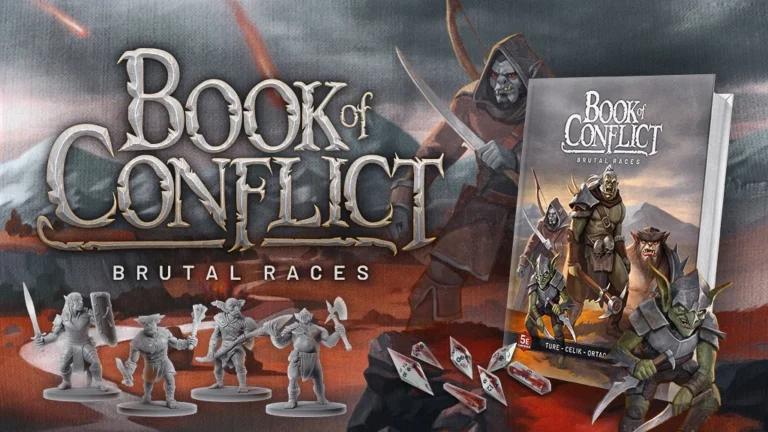 The cover art and miniatures for "Book of Conflict: Brutal Races" captivate with a stunning display featuring an orc and goblinoid on the cover, surrounded by miniature figures poised for battle. Set in a fiery, mountainous landscape, it's perfect for any Dungeons & Dragons 5e enthusiast.